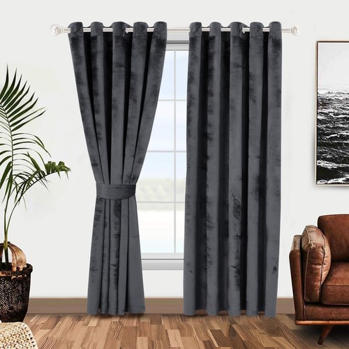 Plush Velvet Curtains Eyelet Ring Top Fully Lined Ready Made Blackout Curtain - Picture 21 of 51