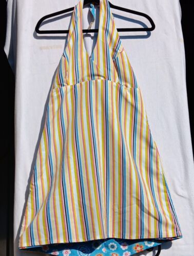 Womens Dress L Reversible Blue Flower Striped Halter Babydoll Mini Sundress Hipp - Picture 2 of 9