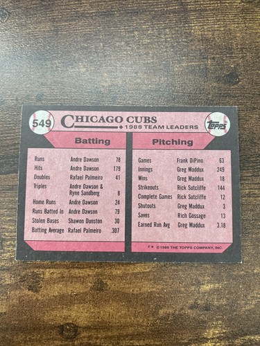 1989 Topps #549 Greg Maddux Chicago Cubs Team Leaders - Picture 2 of 4