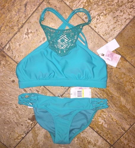NWT $120 Jessica Simpson Martinique Crochet Green Bikini Swimsuit  Set Women's M - Picture 1 of 3