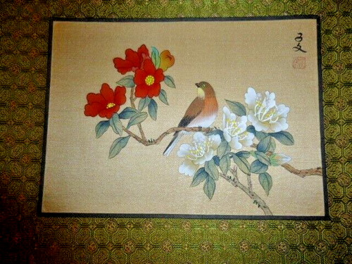 Seidenmalerei China signiert Kirschblüte mit rotem Vogel um 1930 a Nachlass - Bild 2 von 9