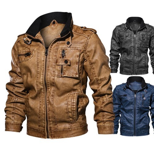 Pu Leather Jacket Men Casual Slim Fit Motorcycle Biker Coat Pilot Faux Leather - Imagen 10 de 15
