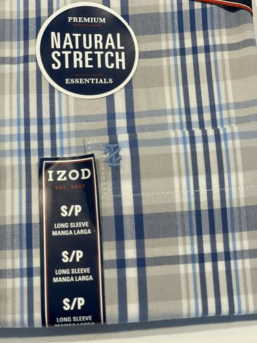 IZOD Men's Small Gray Blue Navy Dress Shirt Button Up Cotton Plaid Stretch New - Picture 4 of 8