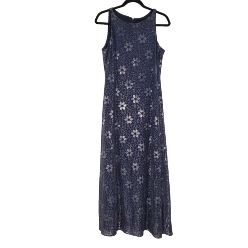 New Vintage Womens 12 Navy Silver Daisy Iridescent Maxi Dress Gown Wedding Event