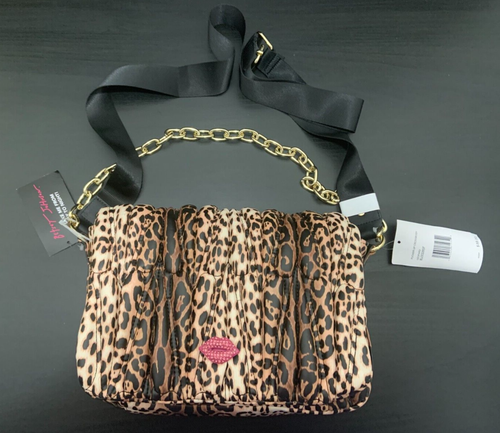 Betsey Johnson Pucker Up Crossbody Bag Cheetah Leopard Hot Pink Lips with Chain