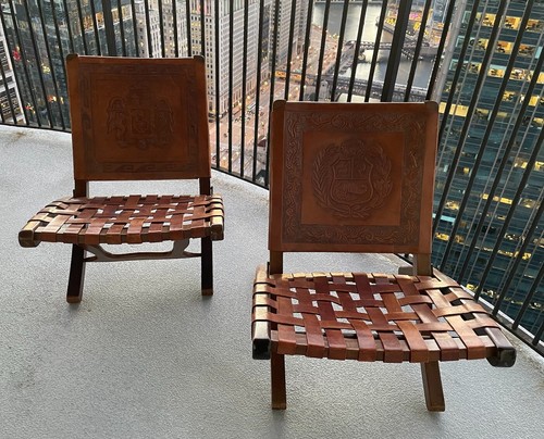 VINTAGE 60's/70's Made In PERU EMBOSSED WOVEN LEATHER & WOOD FOLDING CHAIRS