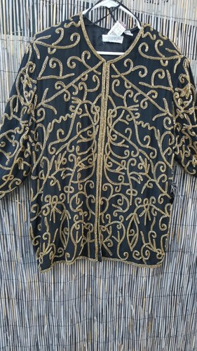 Valerie Stevens Damen Abendjacke vorne offen schwarz Seide gold Perlen 18W - Bild 6 von 12