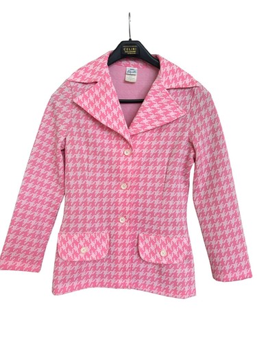 Vintage BarbieCore Pink Houndstooth Jacket Flare Pants Pantsuit Mod 60s Blazer M - Picture 21 of 21