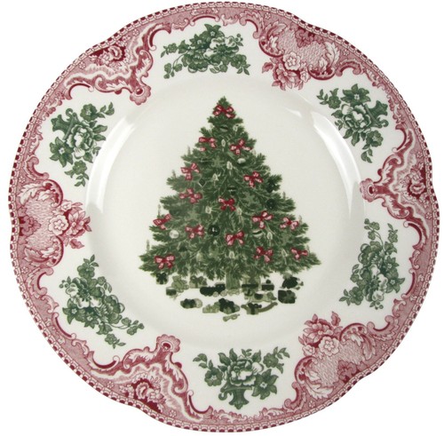 Johnson Bros Old Britain Castles Pink Christmas Dinner Plate Green Tree 10.5"