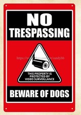 No Trespassing Property Protected By Video Surveillance Beware Of Dogs metal tin