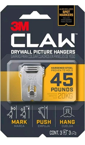 3M Claw Drywall Picture Hanger with Temporary Spot Marker, holds 45lbs,3 Hangers - Picture 1 of 10