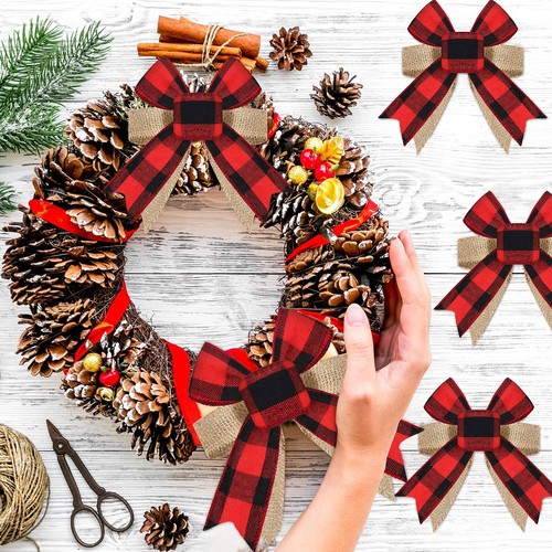 12 Pieces Buffalo Plaid Burlap Bows Christmas Wreath Bow Rustic Tree Topper C... - Picture 4 of 7