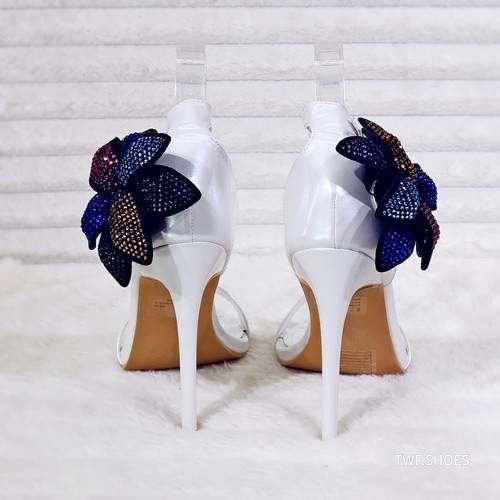 Ellie Pearl White Stiletto High Heels With Diamante Flowers - Picture 4 of 9