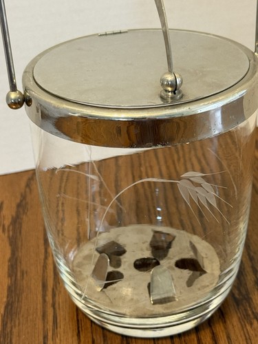 Vintage Noritake Sasaki Glass Etched Wheat Mid Century Ice Bucket w/Hinged Lid - Picture 2 of 5