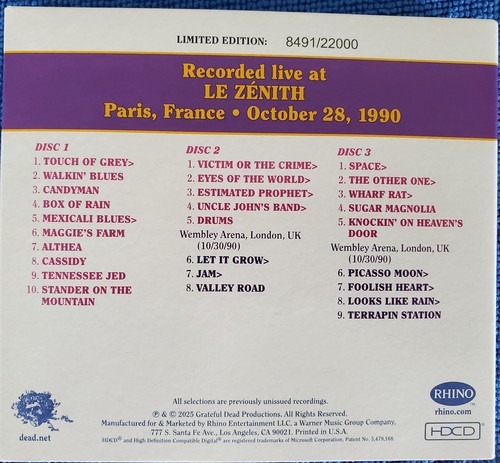GRATEFUL DEAD, Dave's Picks Vol. 55: Le Zénith, Paris, France 10/28/90 3CD  - Picture 5 of 9