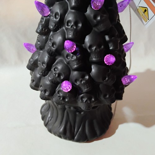Spooky Village 10" Halloween Black Skull Ceramic Tree with Purple Lights - Picture 5 of 10