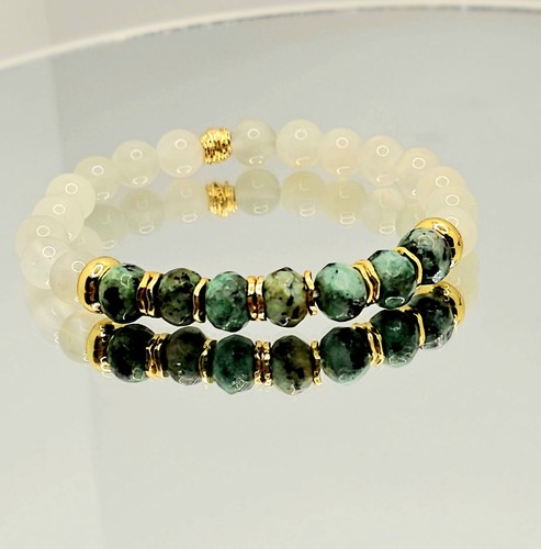 AAA+ Moonstone & African Turquoise Stretching Beaded Bracelet Mens Womens  - Picture 1 of 6