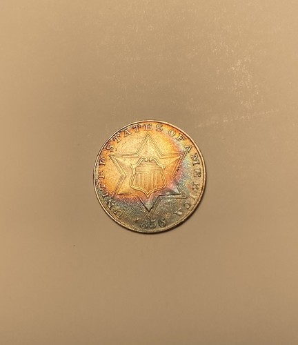 1856 3 Cent Silver Piece AU Rainbow Toned 3CS - Picture 3 of 6