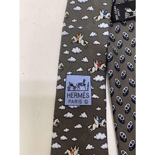 HERMES Neck tie Green Yellow Silk Logo japan seller N0205 35 Made in France - Picture 3 of 3