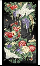 Tsuru Crane and Floral Garden Metallic Gold 24" Panel by P&B Textiles, 05256-PA