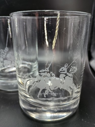 Ralph Lauren Set of 4 Double Old-Fashioned Glasses 4-1/8" Etched Polo Scenes - Picture 3 of 16