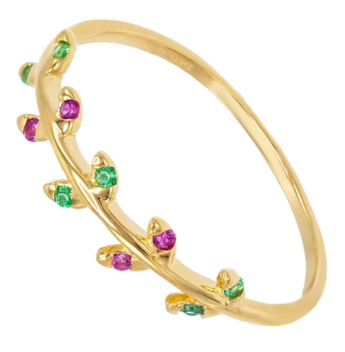 Simulated Pink Ruby & Green Emerald Women Leaf Vine Ring In 10K Yellow Gold - Picture 4 of 8