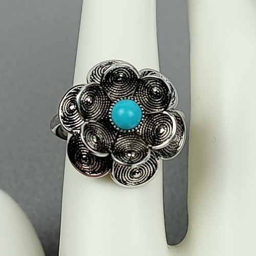 Vtg. Sarah Coventry Adjustable Silvertone Ring w/ Faux Turquoise Flower 3D - Picture 2 of 12