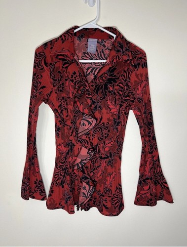 90s Goth Romance Long Sleeve Button Up Blouse Whimsigoth Shirt Womens Small Bell