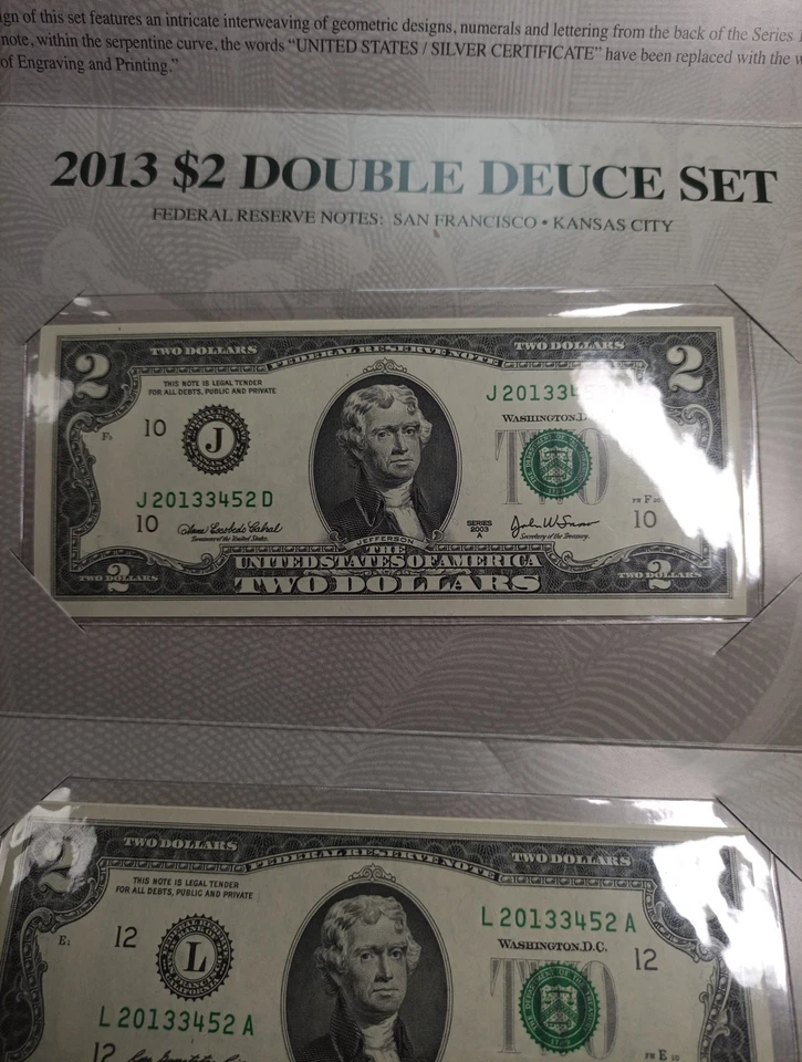 2013 $2 Double Deuce Set Federal Reserve Note San Francisco Kansas City UNC FRN - Image 4 of 4