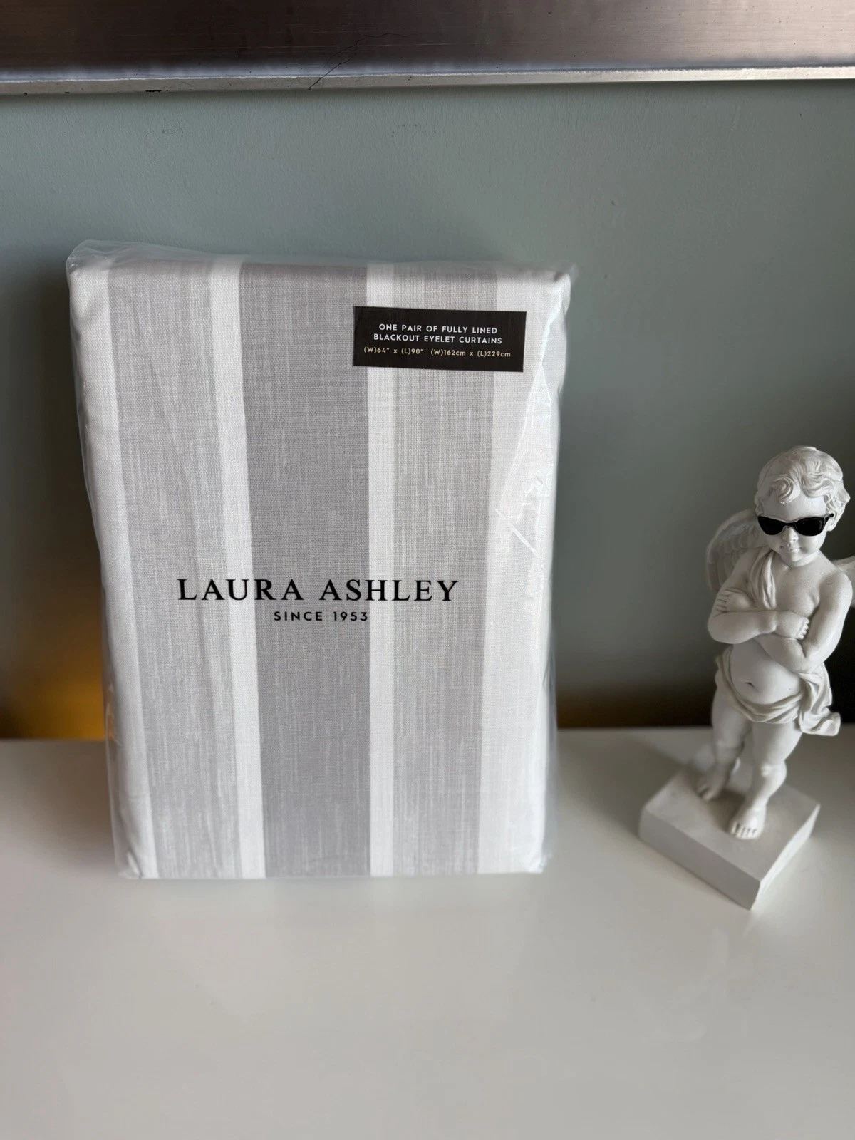 Laura Ashley Dove Grey Awning Stripe Large Eyelet Blackout Lined Curtains