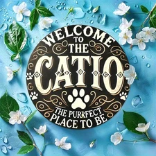 Tin Metal Signs 8x8in Room Decor 1pc Rustic Iron "Welcome to the Catio"  - Round