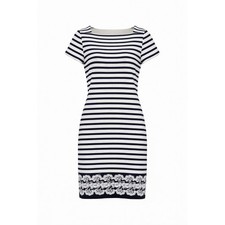 Talbots Women's MP Stripe Knit Shift Dress Navy White Lace Hem Casual Cap Sleeve