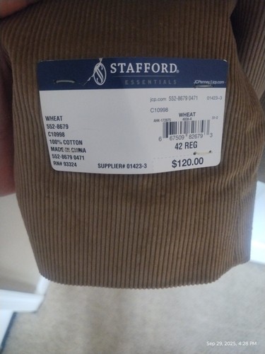 NWT Stafford Men's Classic Fit Corduroy Wheat Blazer Coat 42R - Picture 6 of 6