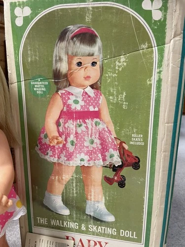 Vintage 1964 Mattel Baby First Step Doll w/Roller Skates & Box Not Working