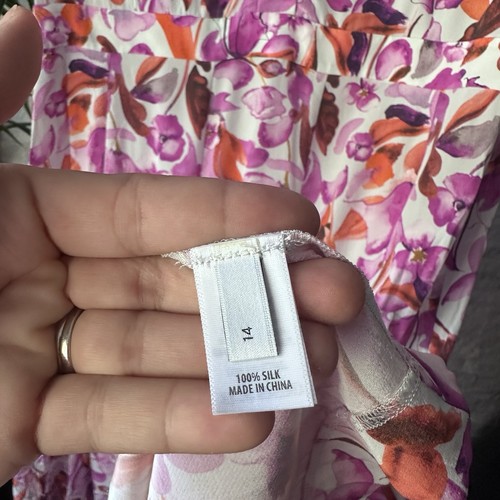 ST. JOHN Pleated Watercolor Purple Coral Floral Print MIDI Silk Dress Size 14 - Picture 5 of 9