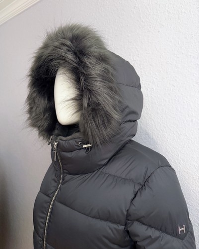 NWT H by HALSTON Quilted Puffer Belted Jacket Removable Faux Fur Hood Gray $315 - Picture 16 of 23