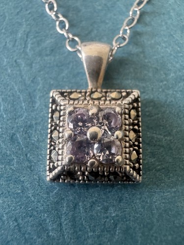 Vintage DBJ .925 Sterling Silver Amethyst And Marcasite Pendant Necklace - Picture 2 of 6