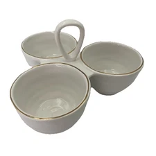 VTG White Ceramic Serving Dish 3 Compartments Handled Gold Trim-Pier 1 Imports