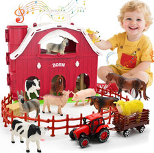 Big Red Barn Toys for Toddlers 1-3, Farm Animal Figures Playset with Tractor for