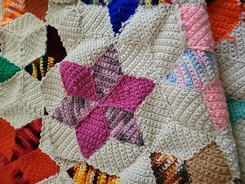 Vintage Crochet Afghan Blanket Bedding Multi Color Star Knit 112”x40” Heavy Sofa - Picture 4 of 5