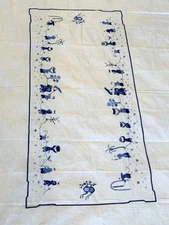 Vintage Asian Chinoiserie Hand Embroidered Blue Shades White Linen Tablecloth