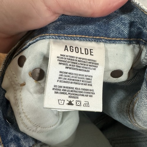 Pantalones de mezclilla AGOLDE Fen tiro alto relajados con botones cónicos azules en Wander talla 26 nuevos con etiquetas - Imagen 14 de 17