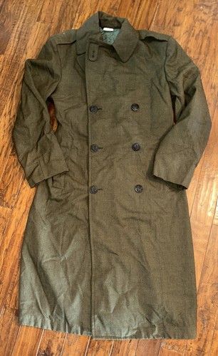 Vintage Military Mens Wool Serge Overcoat Double Breasted Green 36R (2R-2)