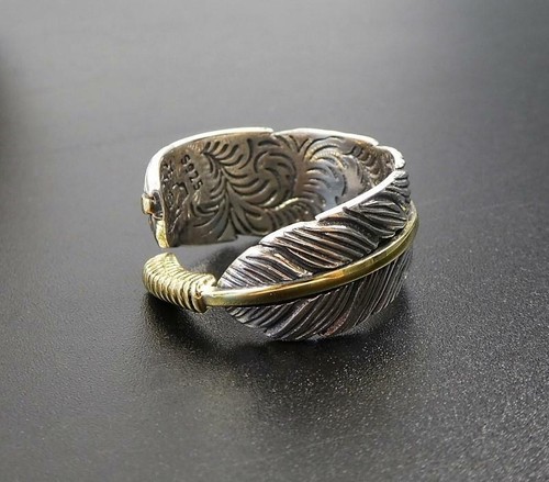 Anello bicolore vena ottone piuma argento sterling regolabile dettagli unici fini - Foto 7 di 10