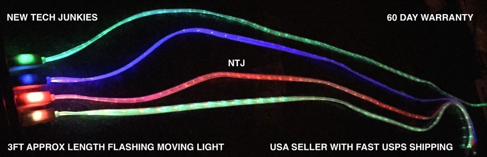 FLAT FLOW MOVING LIGHT LED el charger cable for SAMSUNG GALAXY S7 S6+ MICRO USB - Image 3 of 4