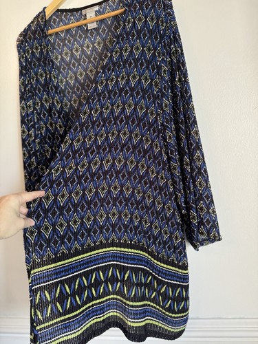 Catherines Womens Long Cardigan SZ 4X Blue Geometric Mid Length Artsy Semi Sheer - Picture 4 of 8