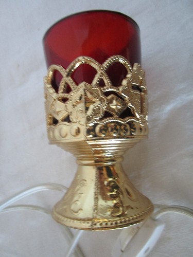 Vintage Metal Gold-Plated Vigil Votive corded lamp w/Red Glass 3-Jewels 1970's - Picture 9 of 18