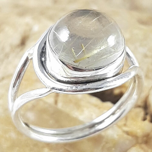 Joyas Plata 925 Silver Yellow Rutile Quartz Ring - Three Stone Faceted Gemstone Ring For August Birth/Leo - View #3