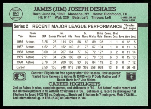 1991 Donruss #652 Jim Deshaies - Picture 2 of 2