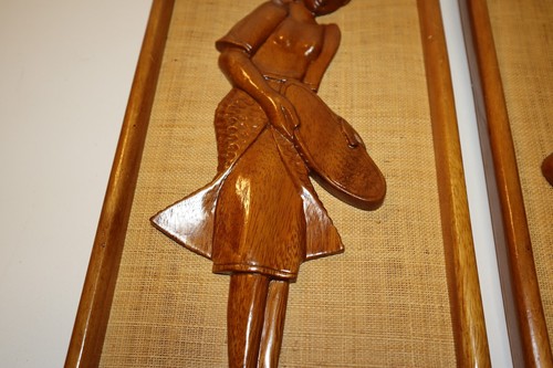 MCM Vintage Lot of 2 Carved Wood Man & Woman on Burlap Framed Tiki Bar Decor - Picture 3 of 11